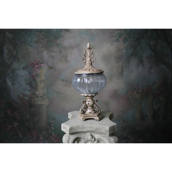 Decorative Crackle Glass Jar With Fleur-de-lis Lid Metal Work Aged - Picture 7 of 9